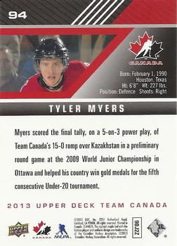 2013 Upper Deck Team Canada #94 Tyler Myers Back