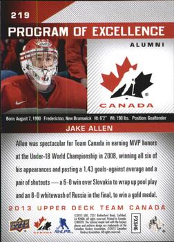 2013 Upper Deck Team Canada #219 Jake Allen Back