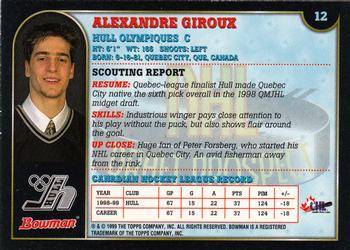 1999 Bowman CHL #12 Alexandre Giroux Back