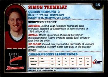 1999 Bowman CHL #45 Simon Tremblay Back