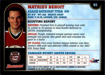 1999 Bowman CHL #61 Mathieu Benoit Back