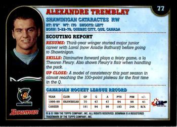 1999 Bowman CHL #77 Alexandre Tremblay Back