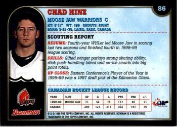 1999 Bowman CHL #86 Chad Hinz Back