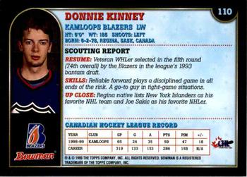 1999 Bowman CHL #110 Donnie Kinney Back