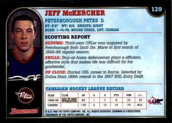 1999 Bowman CHL #139 Jeff McKercher Back