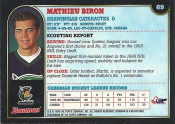 1999 Bowman CHL #69 Mathieu Biron Back