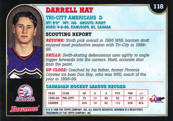 1999 Bowman CHL #118 Darrell Hay Back