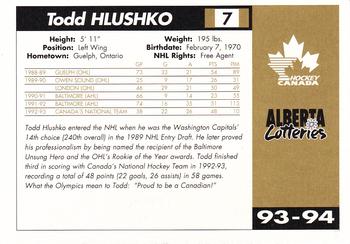 1993-94 Alberta Lotteries Canada's National Team #NNO Todd Hlushko Back
