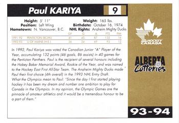 1993-94 Alberta Lotteries Canada's National Team #NNO Paul Kariya Back