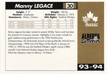 1993-94 Alberta Lotteries Canada's National Team #NNO Manny Legace Back