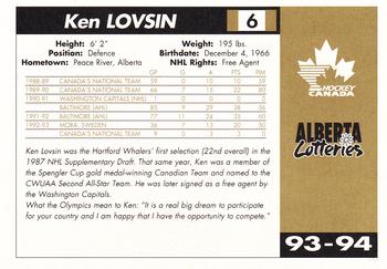 1993-94 Alberta Lotteries Canada's National Team #NNO Ken Lovsin Back