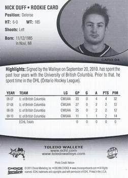 2010-11 Choice Toledo Walleye (ECHL) #4 Nick Duff Back