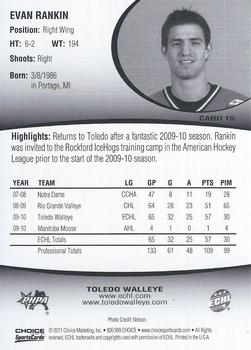 2010-11 Choice Toledo Walleye (ECHL) #15 Evan Rankin Back