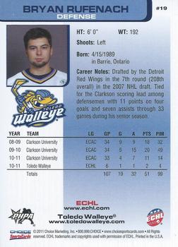 2011-12 Choice Toledo Walleye (ECHL) #19 Bryan Rufenach Back