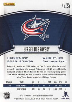 2013-14 Panini Rookie Anthology #25 Sergei Bobrovsky Back