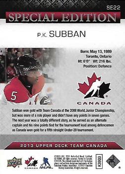 2013 Upper Deck Team Canada - Special Edition #SE22 P.K. Subban Back