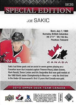 2013 Upper Deck Team Canada - Special Edition #SE36 Joe Sakic Back