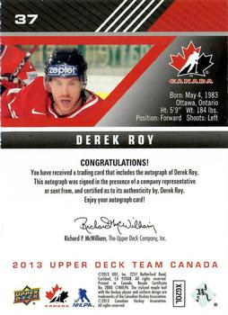2013 Upper Deck Team Canada - Gold Signatures #37 Derek Roy Back