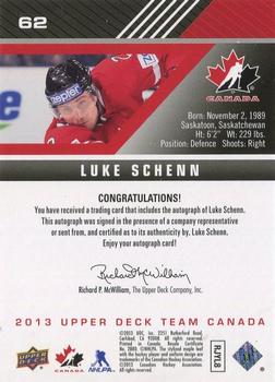 2013 Upper Deck Team Canada - Gold Signatures #62 Luke Schenn Back