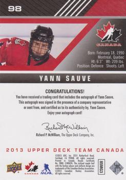 2013 Upper Deck Team Canada - Gold Signatures #98 Yann Sauve Back