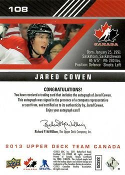 2013 Upper Deck Team Canada - Gold Signatures #108 Jared Cowen Back