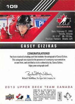 2013 Upper Deck Team Canada - Gold Signatures #109 Casey Cizikas Back