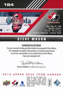 2013 Upper Deck Team Canada - Gold Signatures #184 Steve Mason Back