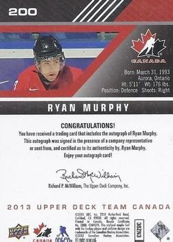 2013 Upper Deck Team Canada - Gold Signatures #200 Ryan Murphy Back