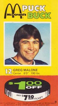 1977-78 McDonald's Puck Bucks Pittsburgh Penguins #NNO Greg Malone Front