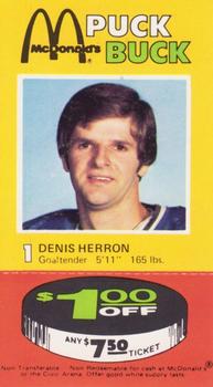 1977-78 McDonald's Puck Bucks Pittsburgh Penguins #NNO Denis Herron Front