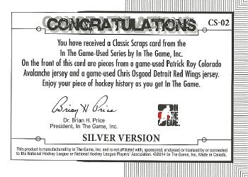 2013-14 In The Game Used - Classic Scraps Dual Memorabilia Silver #CS-02 Patrick Roy / Chris Osgood Back