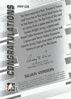 2013-14 In The Game Used - Past Present and Future Silver Version #PPF-08 Trevor Linden / Daniel Sedin / Bo Horvat Back