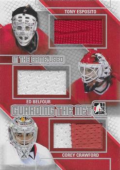 2013-14 In The Game Used - Guarding the Net Triple Jerseys Silver #GTN-03 Tony Esposito / Ed Belfour / Corey Crawford Front