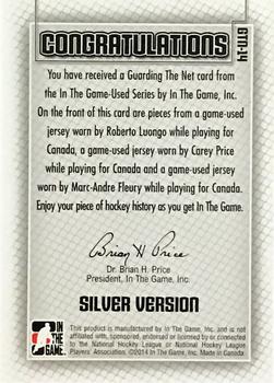 2013-14 In The Game Used - Guarding the Net Triple Jerseys Silver #GTN-14 Roberto Luongo / Carey Price / Marc-Andre Fleury Back
