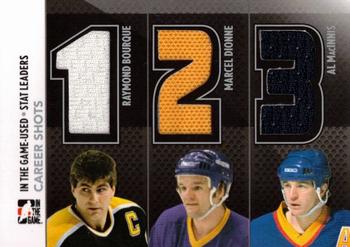 2013-14 In The Game Used - Stat Leaders Triple Jerseys Silver #SL-07 Raymond Bourque / Marcel Dionne / Al MacInnis Front