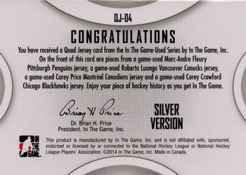 2013-14 In The Game Used - Game Used Quad Jerseys Silver #QJ-04 Marc-Andre Fleury / Roberto Luongo / Carey Price / Corey Crawford Back