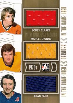 2013-14 In The Game Used - Decades Triple Jerseys Gold #D-20 Bobby Clarke / Marcel Dionne / Brad Park Front