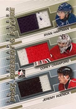 2013-14 In The Game Used - Past Present and Future Gold Version #PPF-07 Jeremy Roenick / Corey Crawford / Ryan Hartman Front