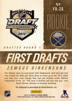 2013-14 Panini Playbook - First Drafts Signatures #FD-ZG Zemgus Girgensons Back