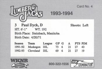 1993-94 Cleveland Lumberjacks (IHL) #4 Paul Dyck Back