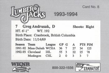 1993-94 Cleveland Lumberjacks (IHL) #8 Greg Andrusak Back
