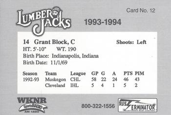 1993-94 Cleveland Lumberjacks (IHL) #12 Grant Block Back