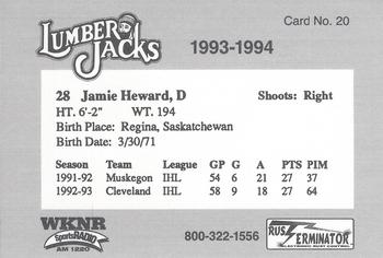 1993-94 Cleveland Lumberjacks (IHL) #20 Jamie Heward Back