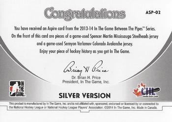 2013-14 In The Game Between the Pipes - Aspire Jerseys Silver #ASP-02 Spencer Martin / Semyon Varlamov Back