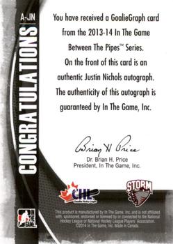 2013-14 In The Game Between the Pipes - GoalieGraphs #A-JN Justin Nichols Back