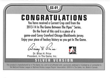 2013-14 In The Game Between the Pipes - Current Crop Jerseys Silver #CC-01 Corey Crawford Back