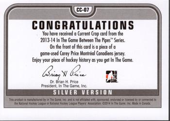 2013-14 In The Game Between the Pipes - Current Crop Jerseys Silver #CC-07 Carey Price Back