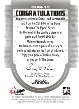 2013-14 In The Game Between the Pipes - Game-Used Jersey Gold #GUM-10 Daniel Altshuller Back