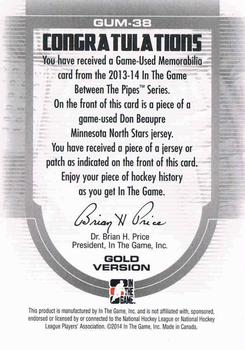 2013-14 In The Game Between the Pipes - Game-Used Patch Gold #GUM-38 Don Beaupre Back