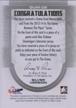 2013-14 In The Game Between the Pipes - Game-Used Patch Silver #GUM-02 Alex Dubeau Back